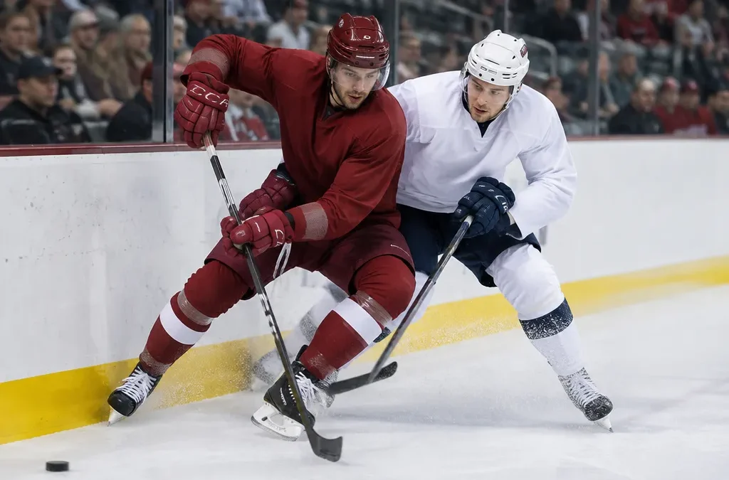 Two minor league hockey players in plain jerseys battling for the puck along the boards in a small arena