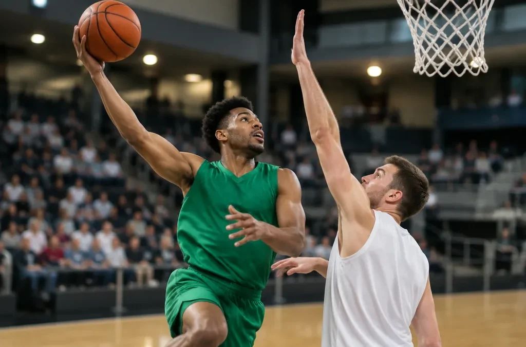 Professional basketball player in a plain jersey rising for a layup during a game in a small arena