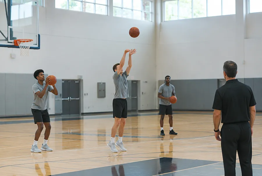 Basketball players in plain practice gear shooting free throws during a team practice in a quiet gym