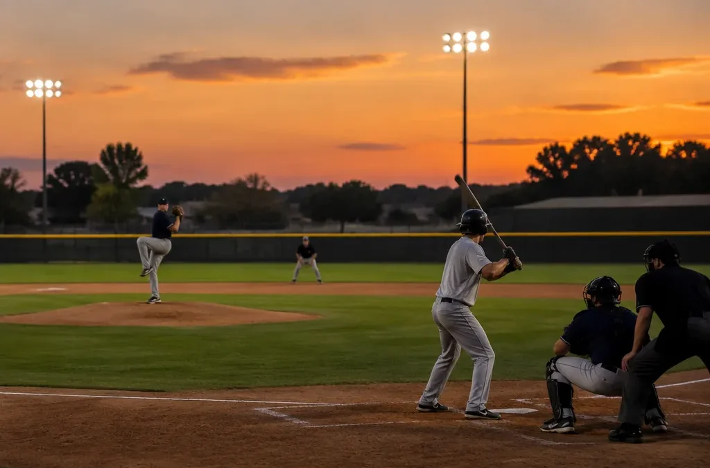 Pitcher on the mound at dusk with a batter waiting at home plate in a small ballpark