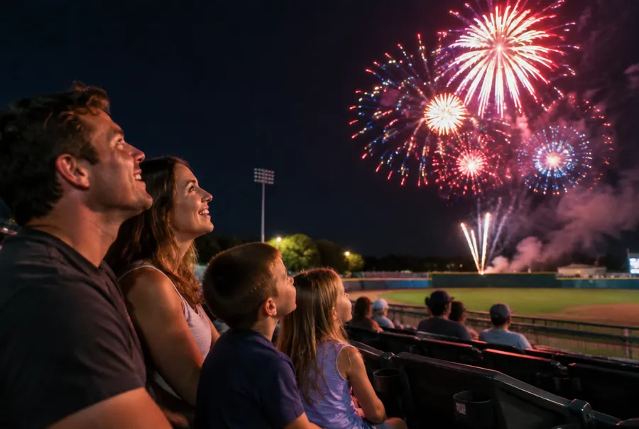 Children and parents watching fireworks over a baseball field after a night game