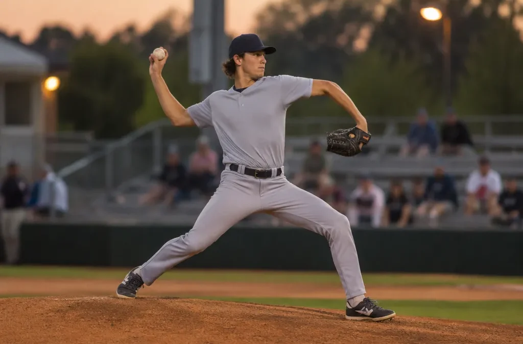 Young minor league baseball pitcher in a plain gray uniform throwing from the mound of a small ballpark at dusk under stadium lights