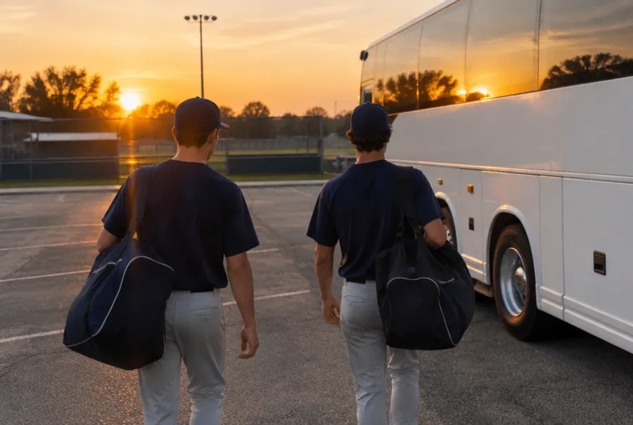 Two minor league baseball players in plain practice shirts loading equipment bags into a team bus in a ballpark parking lot at sunset