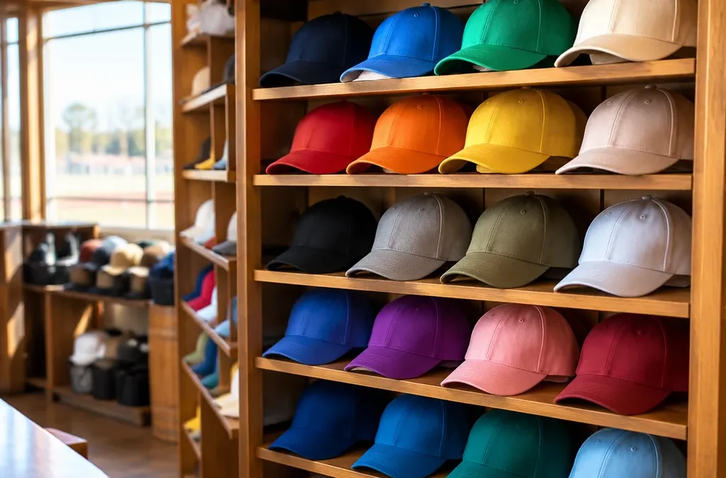 Rows of colorful blank baseball caps on shelves in a ballpark souvenir shop