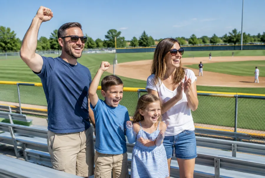 Family in the stands of a small ballpark cheering at a sunny afternoon baseball game